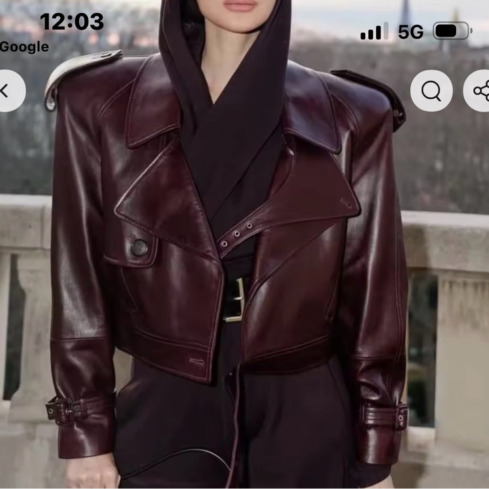 Burgundy Faux Leather Cropped Moto Jacket Size Small | Belted | Trendy